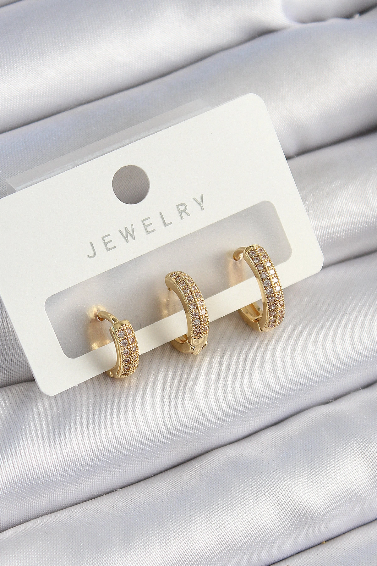 Pirinç Zirkon Taşlı Yıldız Model Gold Renk 3'lü Çift Kadın Küpe Set-0