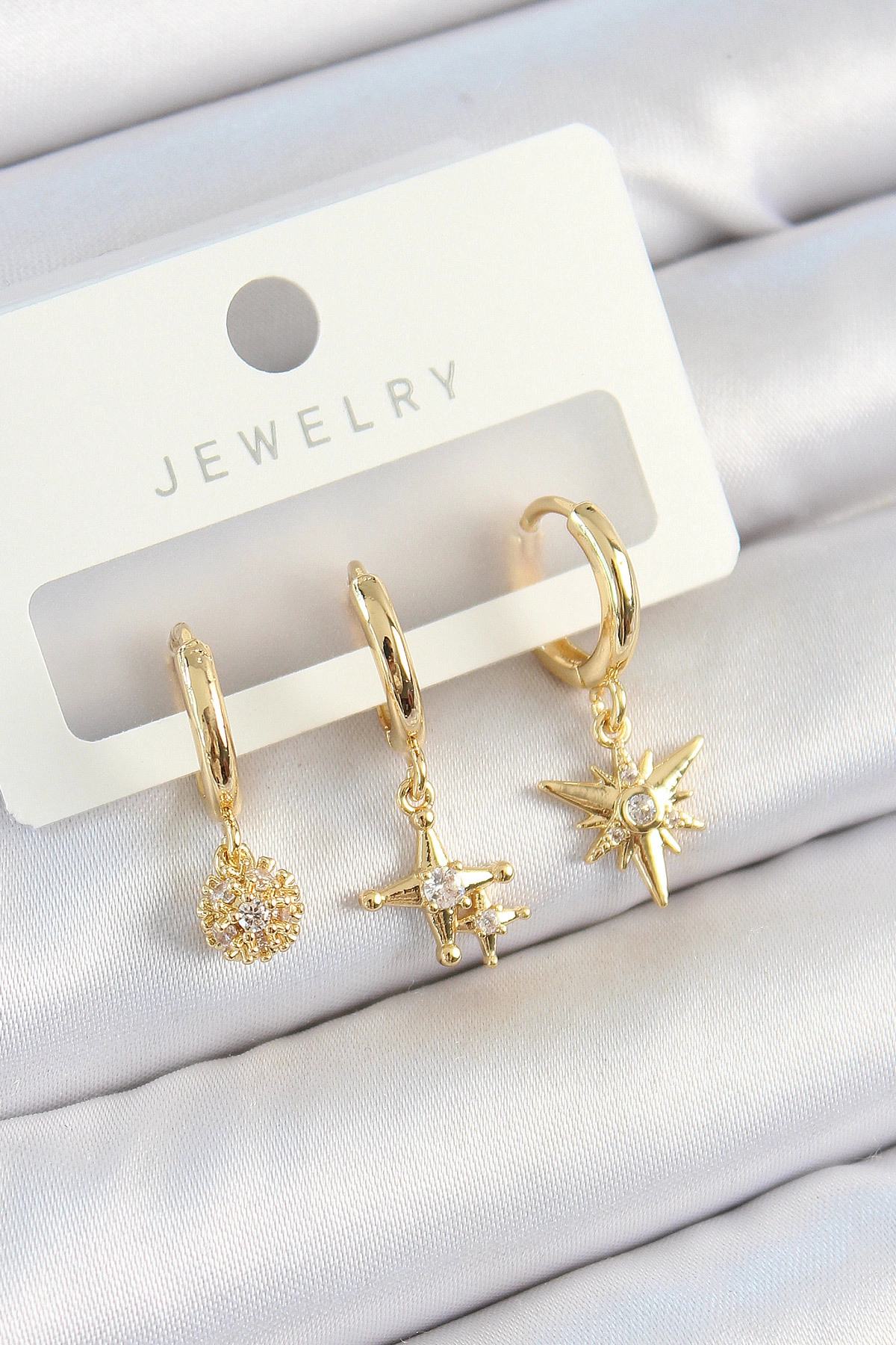 Pirinç Zirkon Taşlı Yıldız Model Gold Renk 3'lü Çift Kadın Küpe Set-0