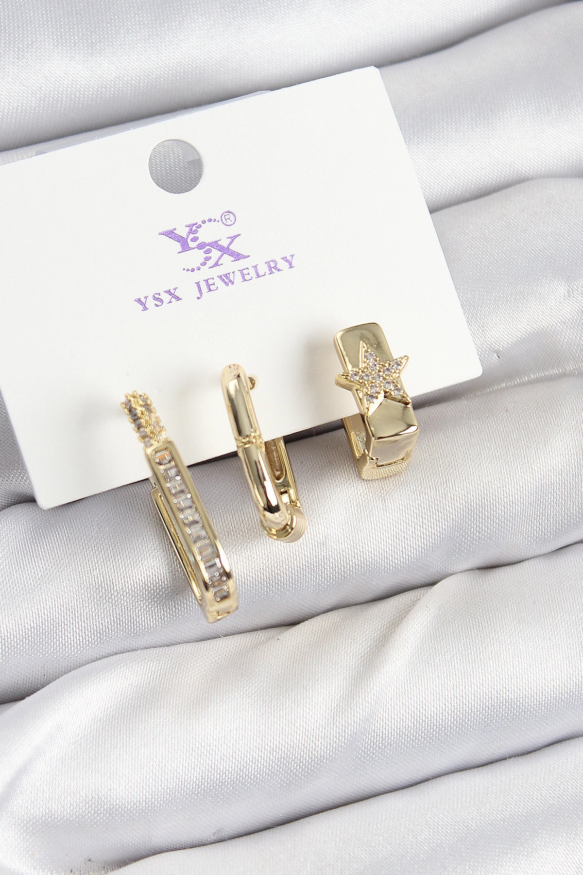 Pirinç Zİrkon Taşlı Yıldız Model Gold Renk 3'lü Kadın Küpe-0