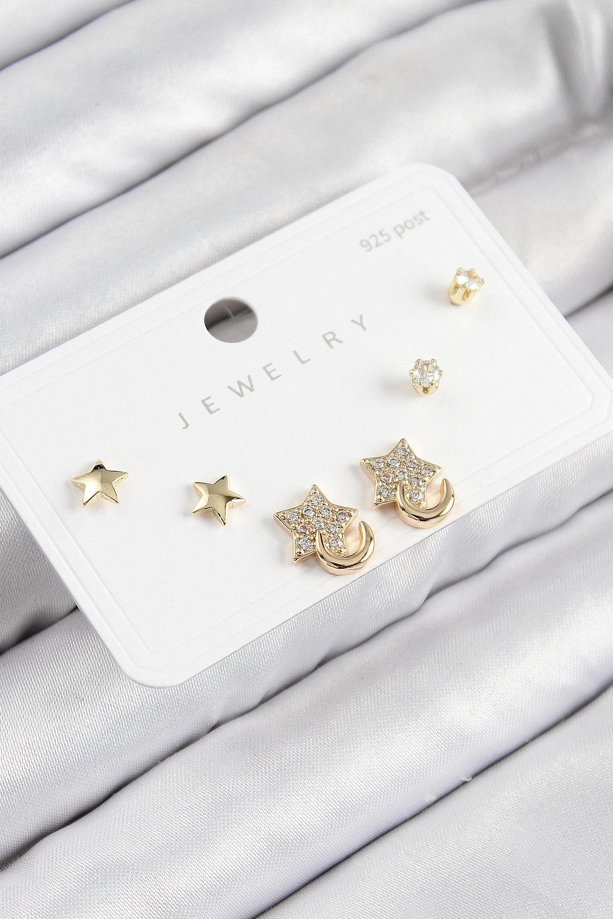 Pirinç Zirkon Taşlı Yıldız Model Gold Renk 925 Ayar Gümüş Çivi Kadın Küpe Set-0