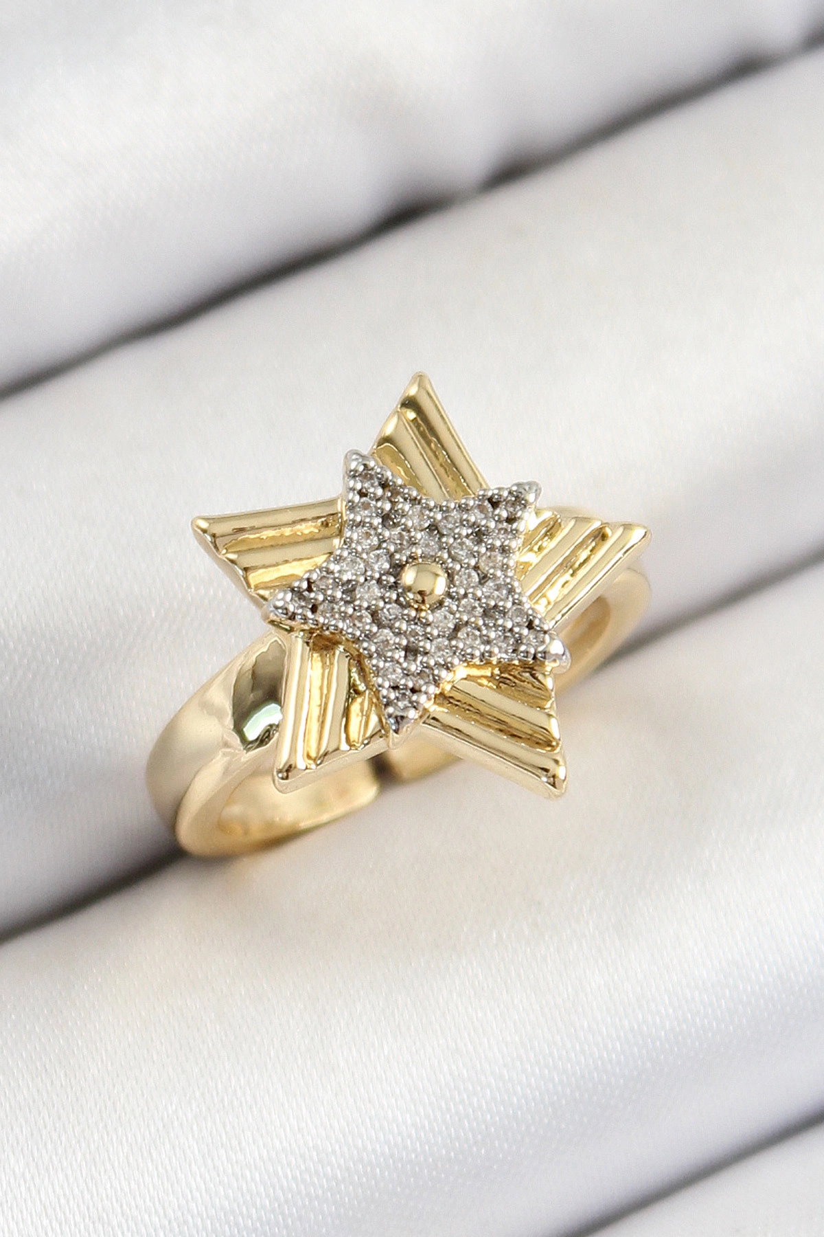 Pirinç Zirkon Taşlı Yıldız Model Gold Ve Gümüş Renk Kadın Yüzük-0