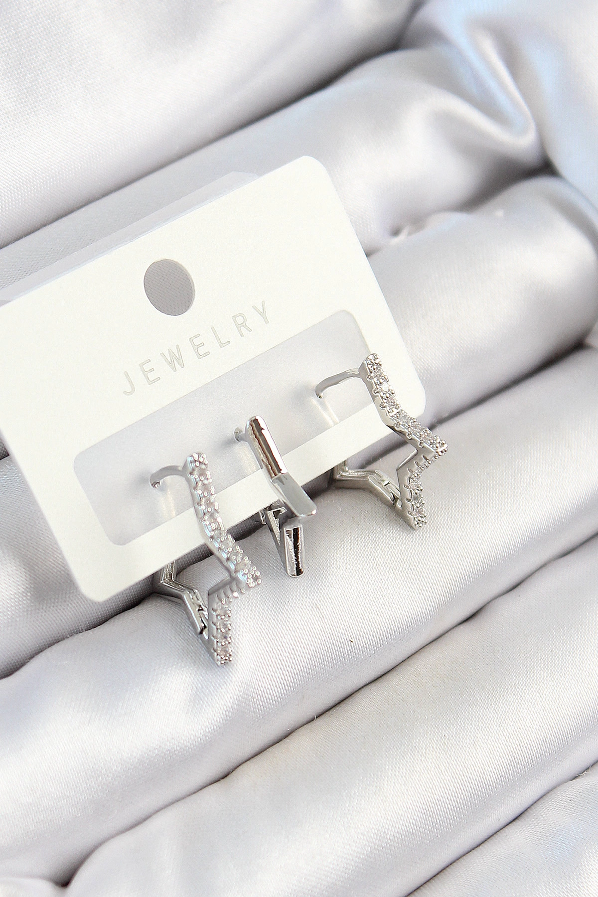 Pirinç Zirkon Taşlı Yıldız Model Gümüş Renk 3'lü Çift Kadın Küpe Set-0