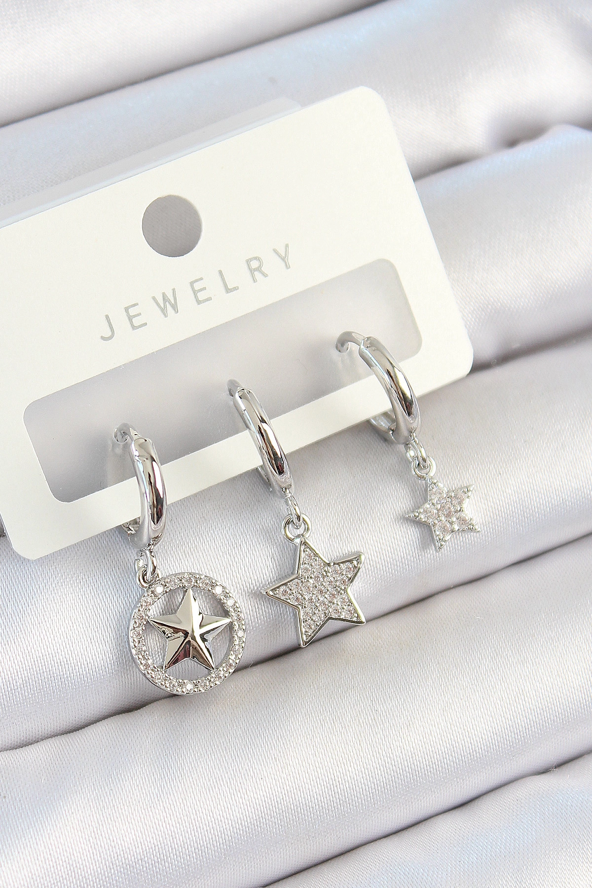 Pirinç Zirkon Taşlı Yıldız Model Gümüş Renk 3'lü Çift Kadın Küpe Set-0