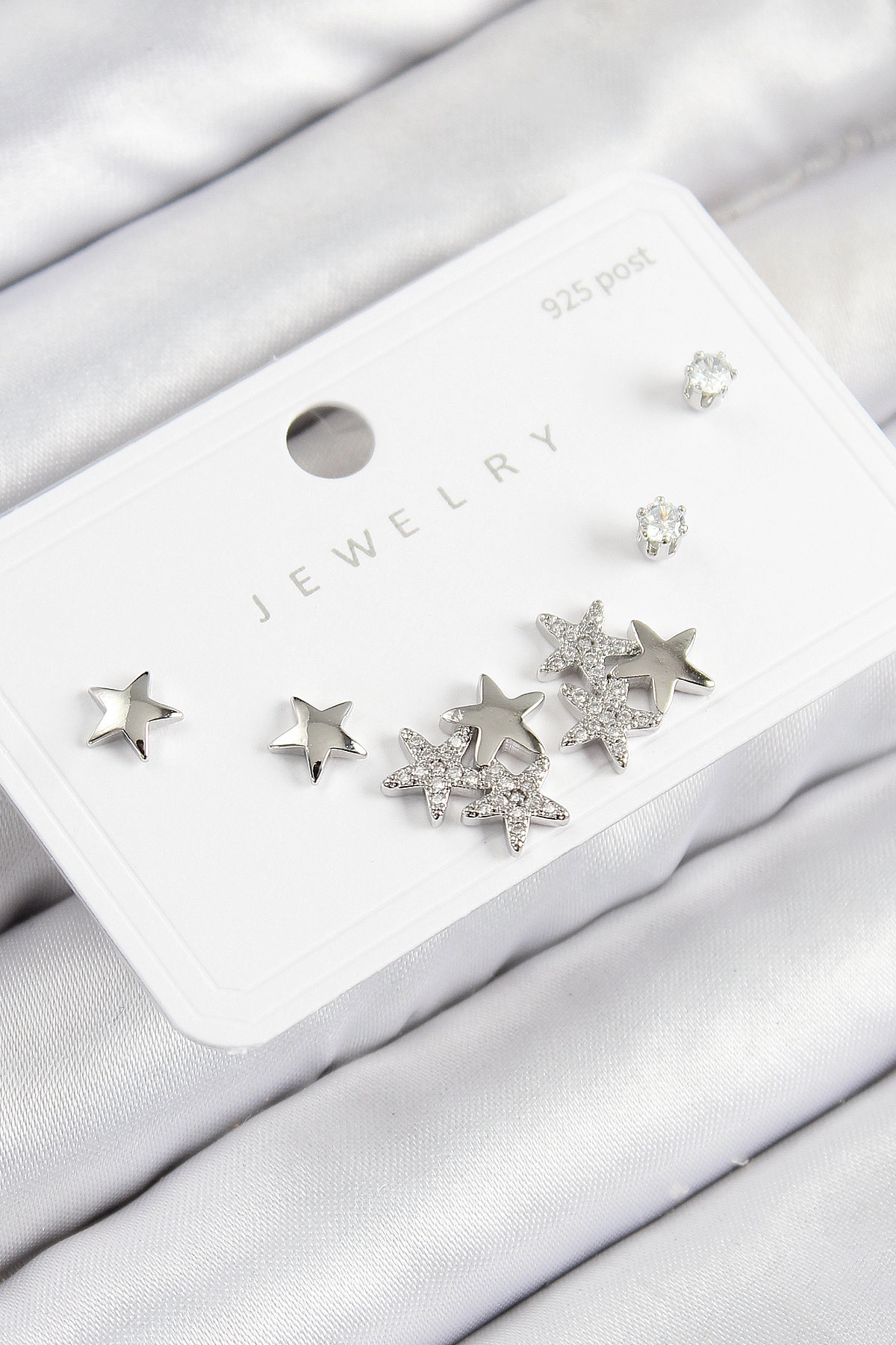 Pirinç Zirkon Taşlı Yıldız Model Gümüş Renk 925 Ayar Gümüş Çivi Kadın Küpe Set-0