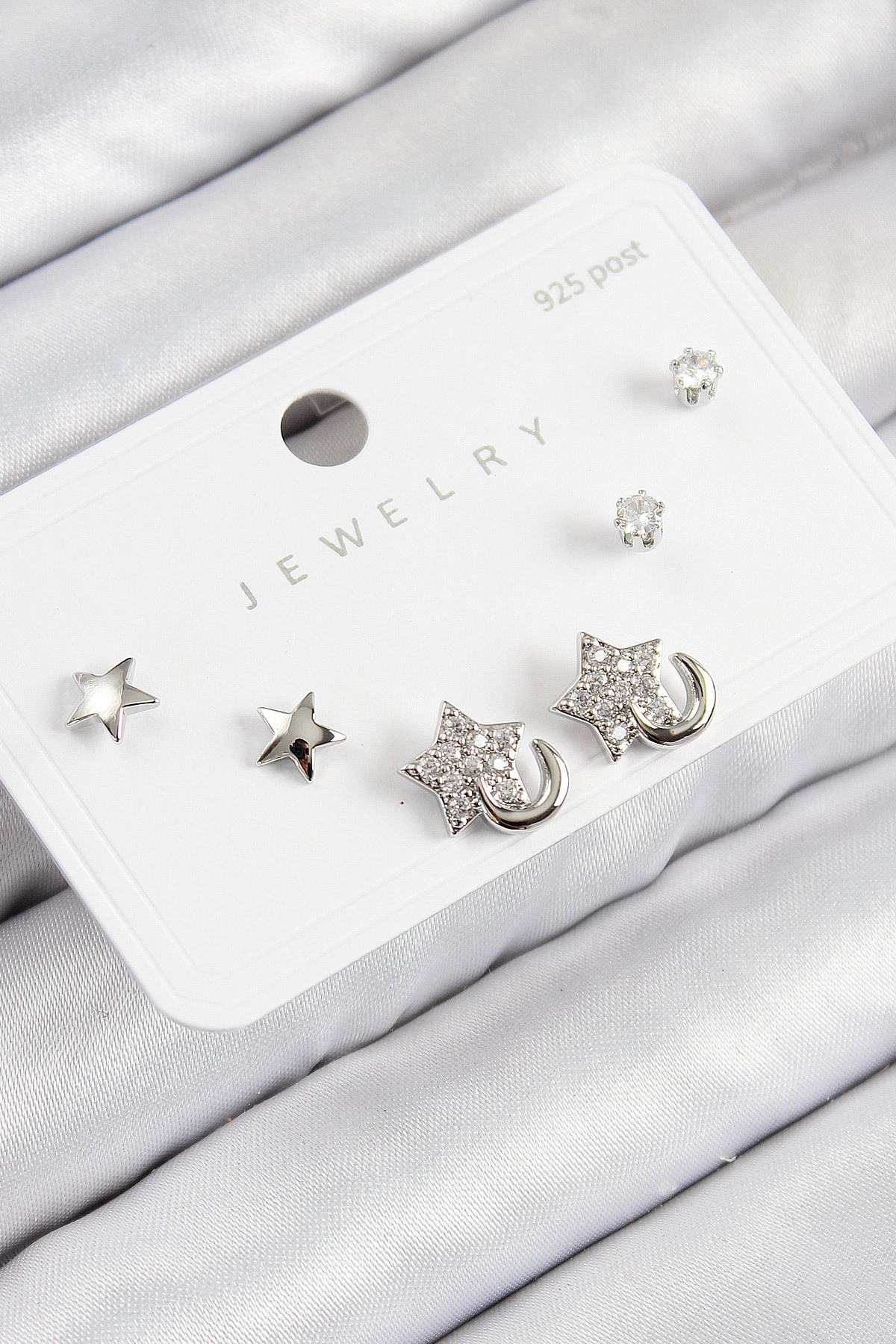 Pirinç Zirkon Taşlı Yıldız Model Gümüş Renk 925 Ayar Gümüş Çivi Kadın Küpe Set-0