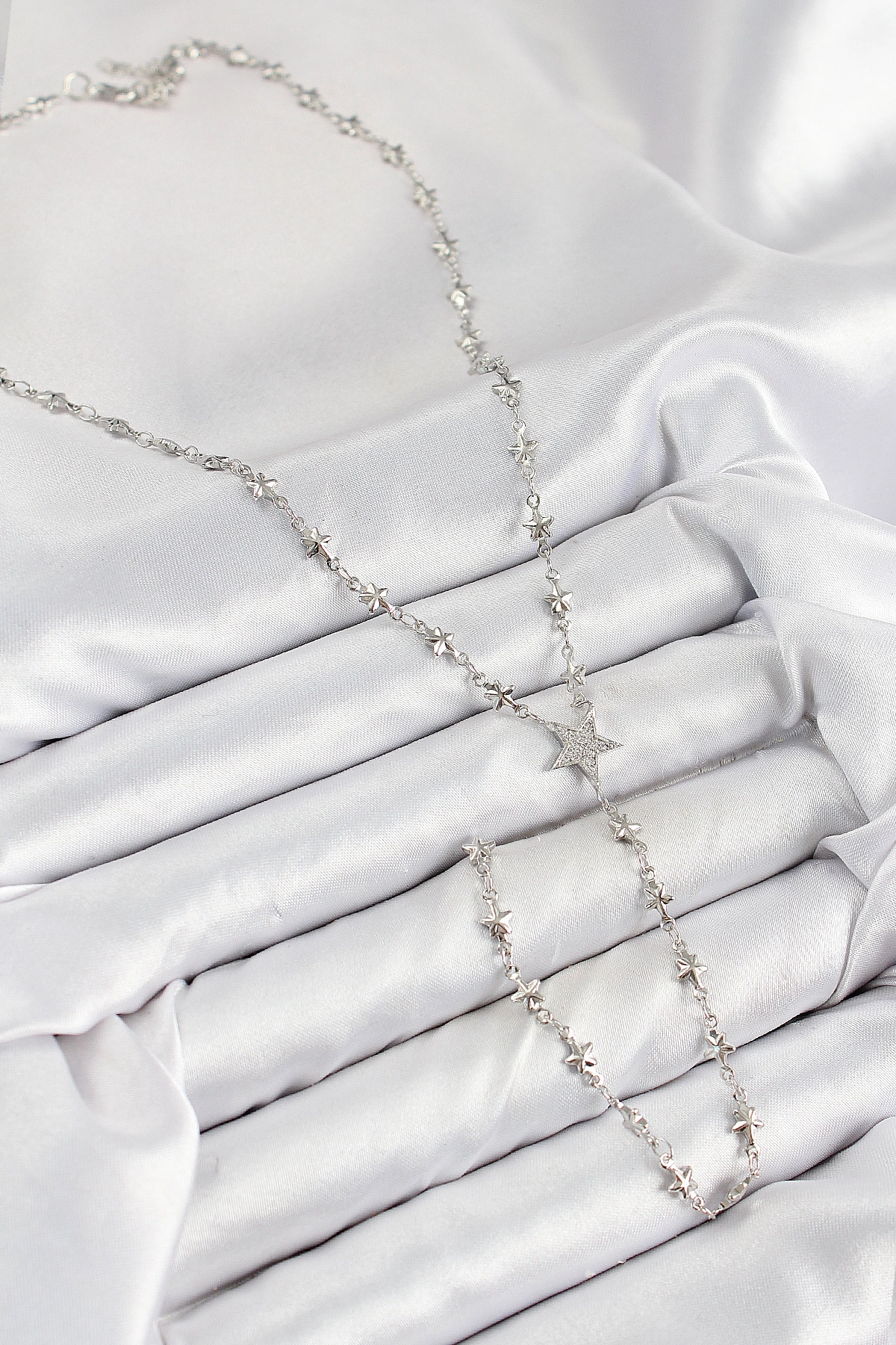 Pirinç Zirkon Taşlı Yıldız Model Gümüş Renk Y Kolye-1