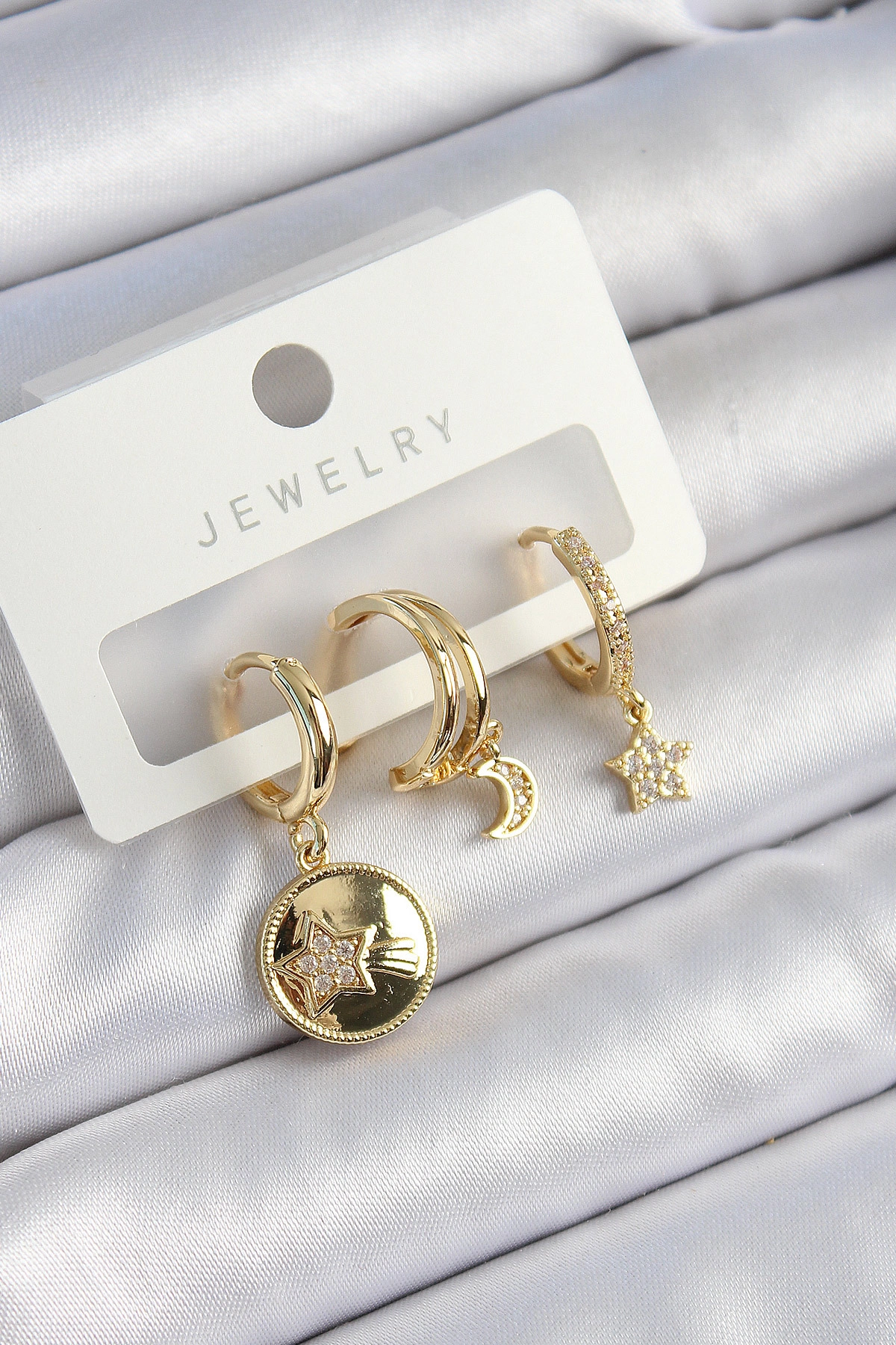 Pirinç Zirkon Taşlı Yıldız Ve Ay Model Gold Renk 3'lü Çift Kadın Küpe Set-0