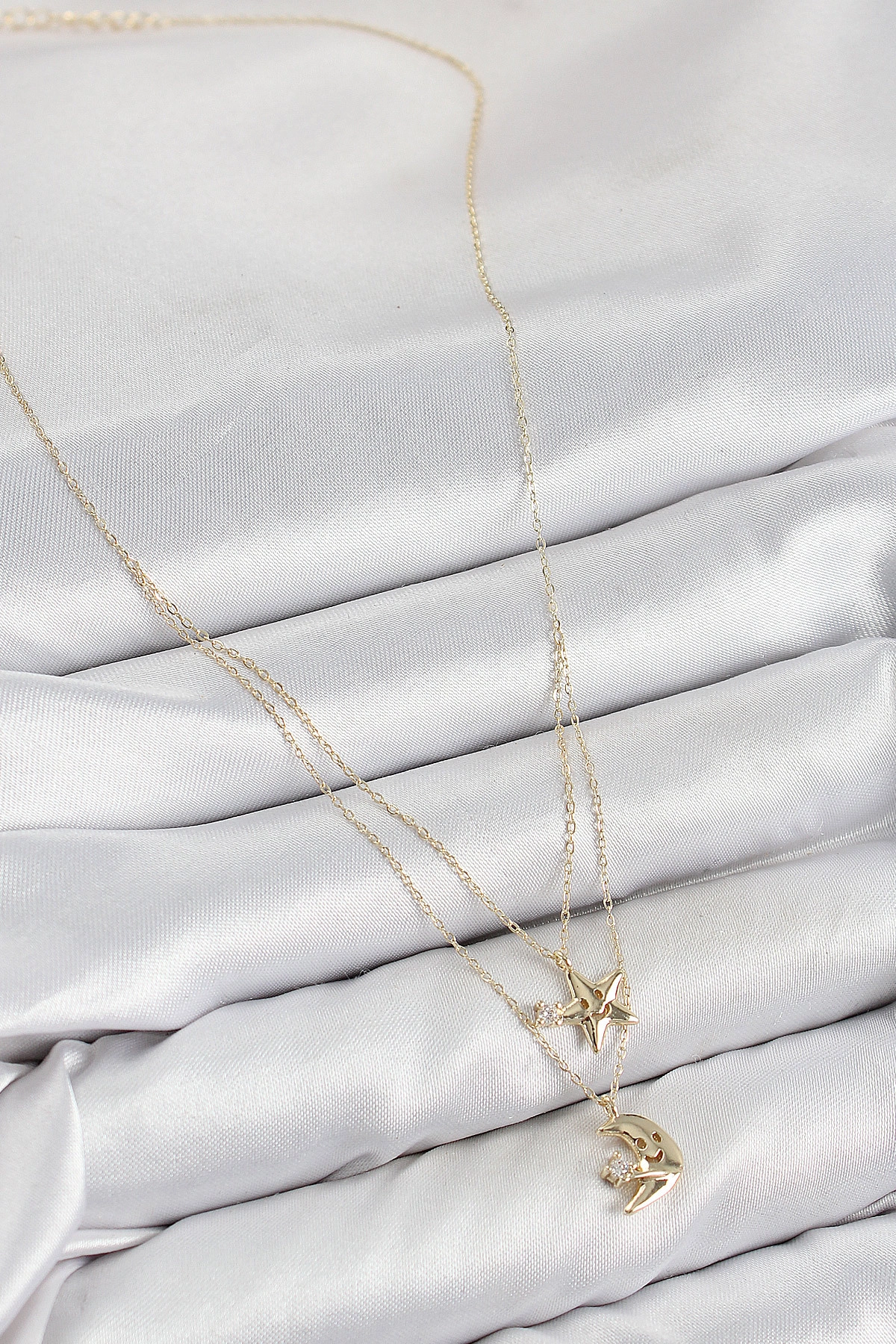 Pirinç Zirkon Taşlı Yıldız Ve Ay Model Gold Renk Kadın Kolye-1