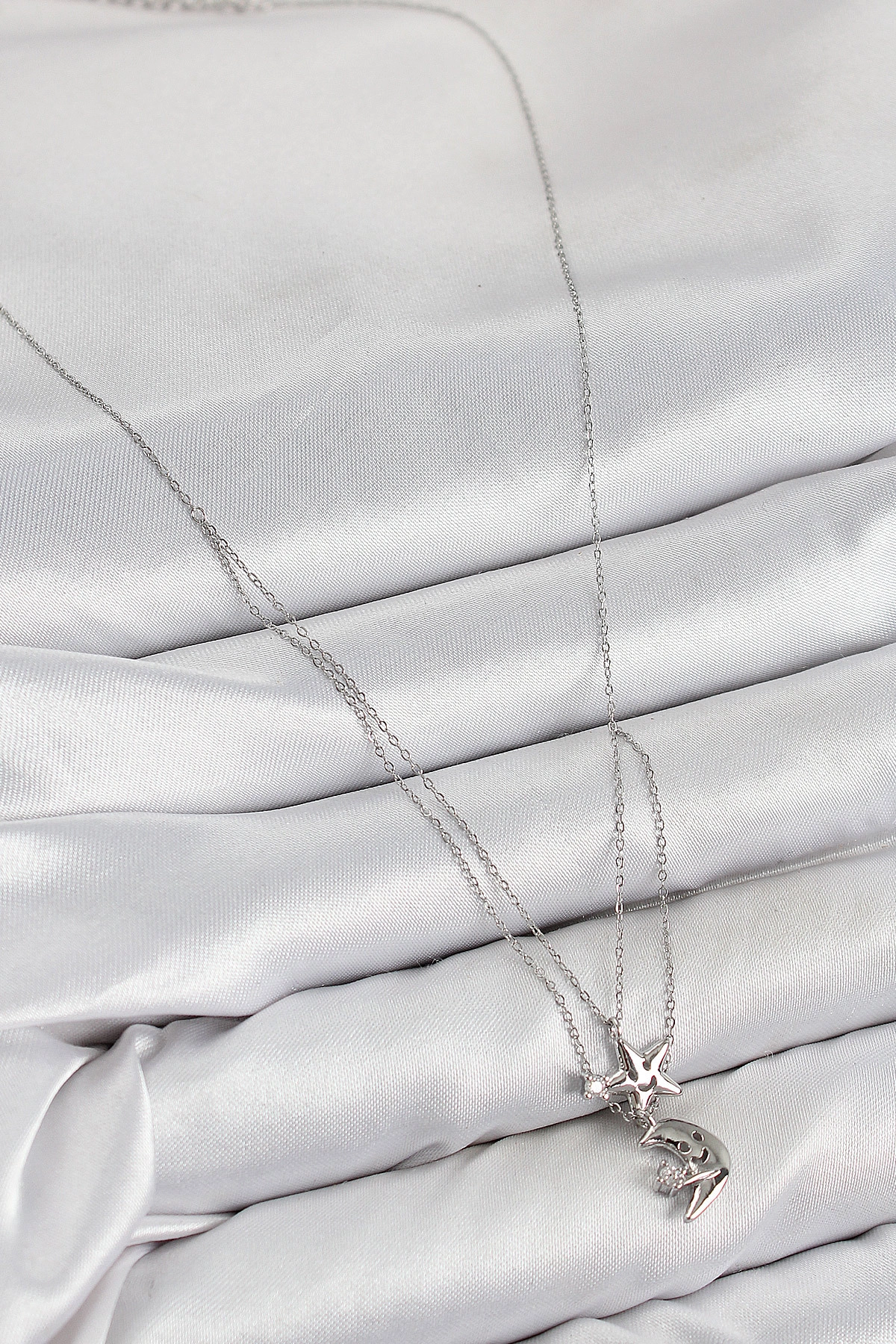 Pirinç Zirkon Taşlı Yıldız Ve Ay Model Gümüş Renk Kadın Kolye-1