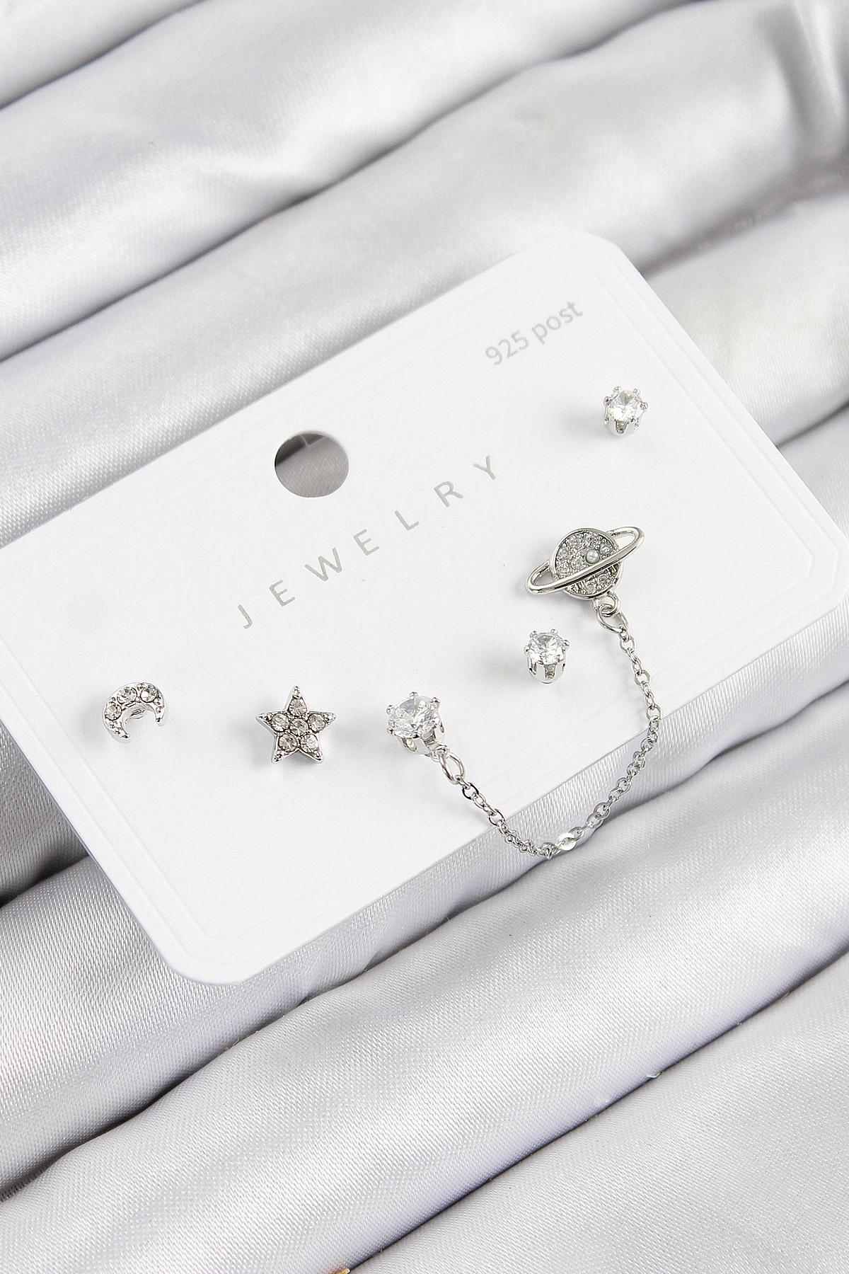 Pirinç Zirkon Taşlı Yıldız Ve Gezegen Model Gümüş Renk 925 Ayar Gümüş Çivi Kadın Küpe Set-0