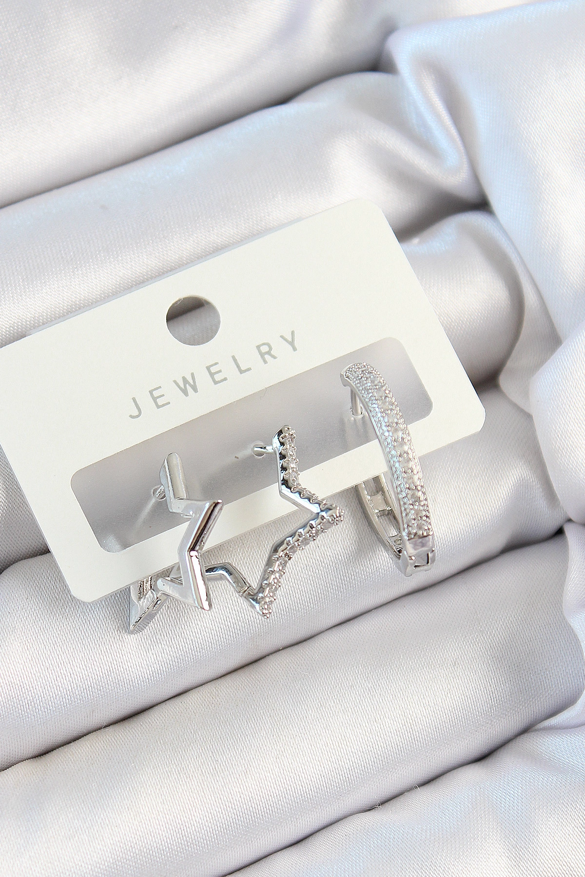 Pirinç Zirkon Taşlı Yıldız Ve Halka Model Gümüş Renk 3'lü Çift Kadın Küpe Set-0