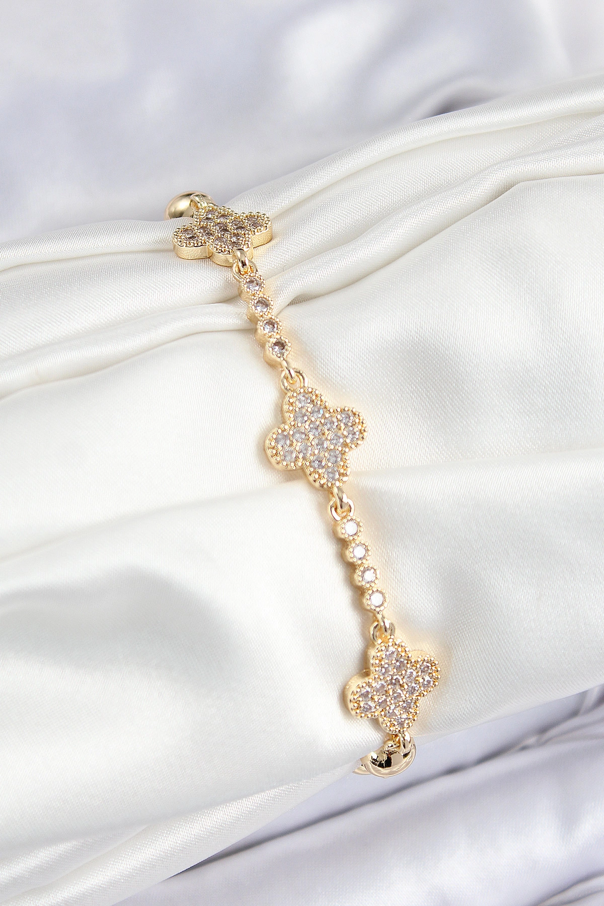 Pirinç Zirkon Taşlı Yonca Model Gold Renk Kadın Bileklik-0