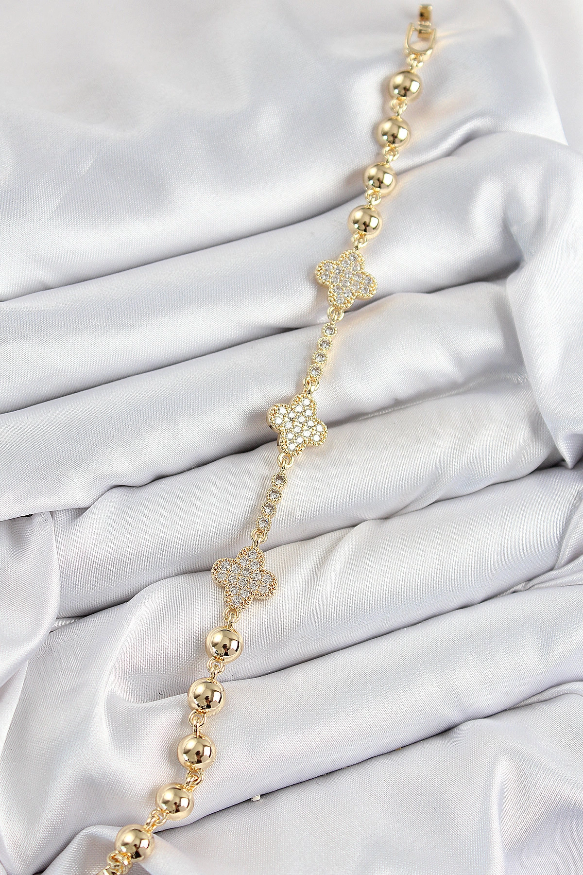 Pirinç Zirkon Taşlı Yonca Model Gold Renk Kadın Bileklik-1