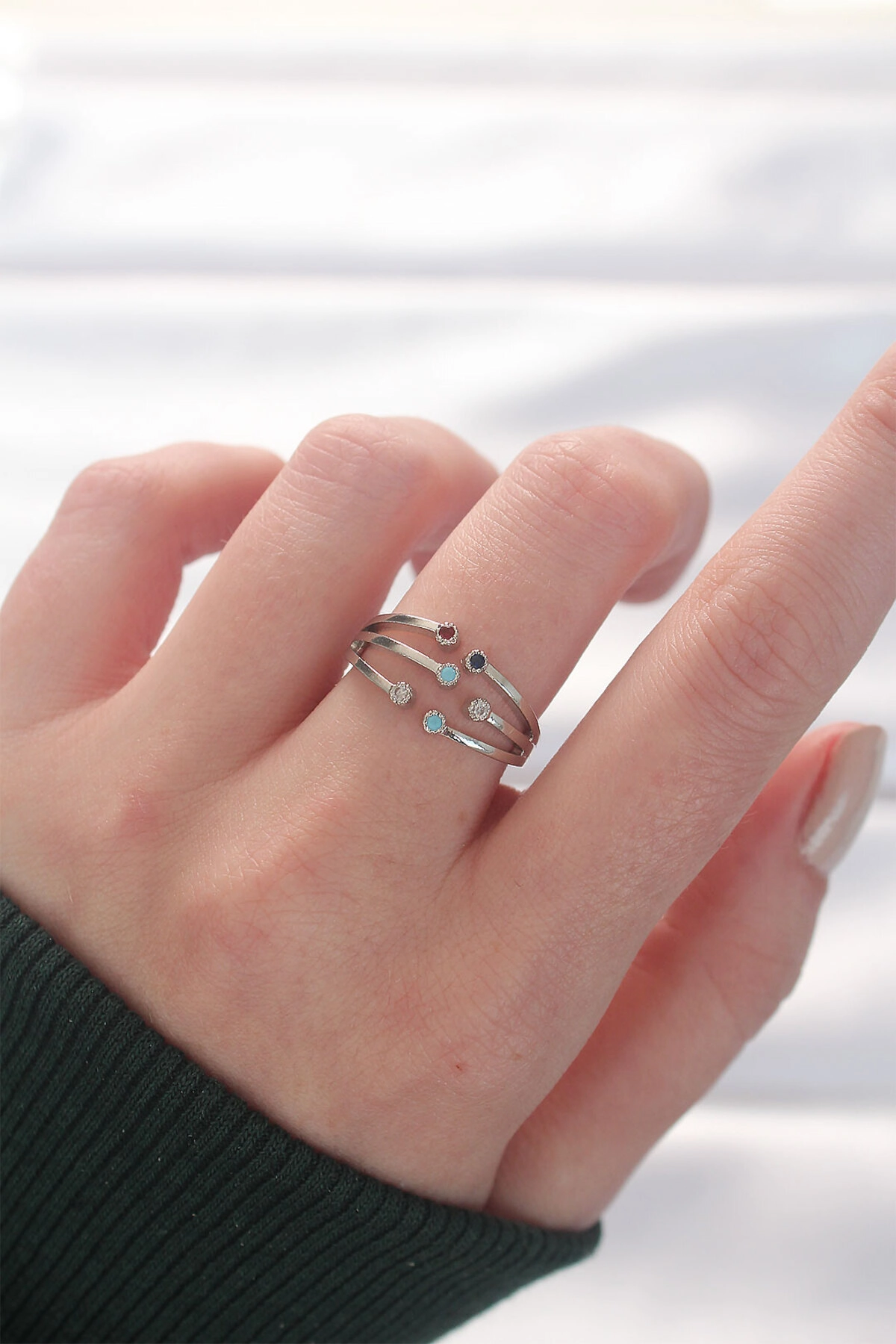 Renkli Zirkon Taşlı Silver Renk Ayarlanabilir Yüzük-0