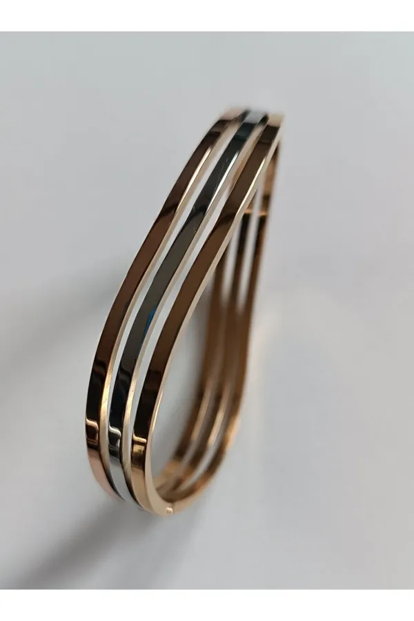 3 Sıra Dalgalı 3 Renk Kaburga Çelik Kelepçe | 316l Çelik - Kararmaz | Hediye Kadın