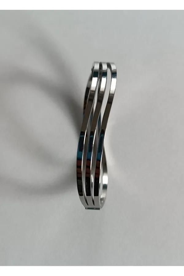 3 Sıra Dalgalı Kaburga Çelik Kelepçe | Gümüş Renk| 316l Çelik - Kararmaz | Hediye Kadın