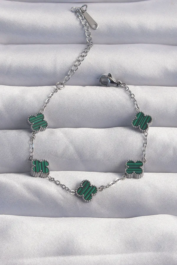 316L Çelik Baby Boy Gümüş Renk Çizgili Yeşil Mineli Yonca Bileklik