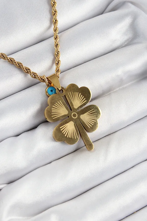 316L Çelik Burgu Zincirli Nazar Detaylı Yonca Model Gold Renk Kadın Kolye