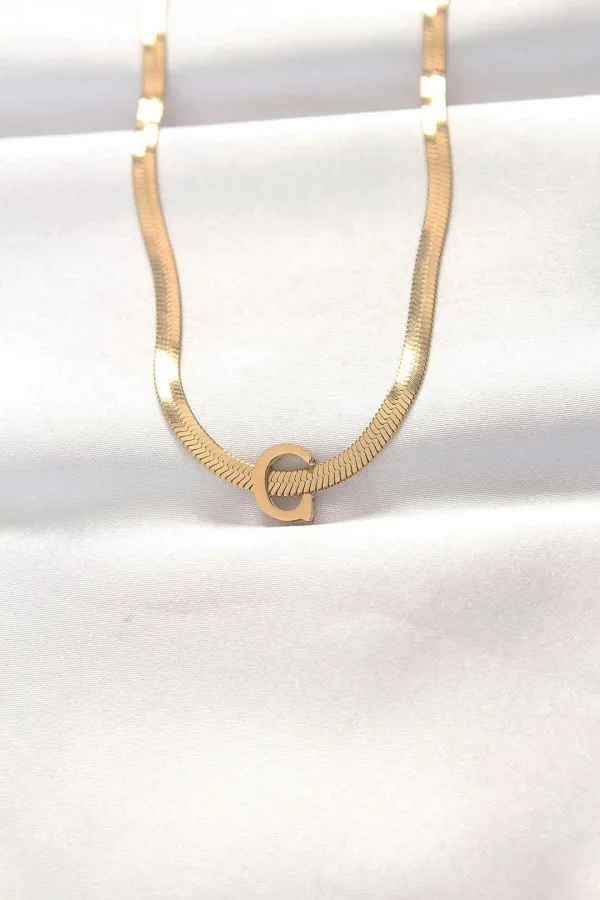 316L Çelik C Harfli Gold Renk İtalyan Zincirli Kolye