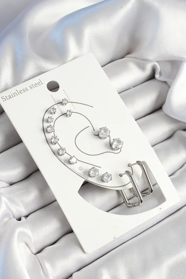 316L Çelik Dikdörtgen Figürlü Ve Zirkon Taşlı Gümüş Renk 7'li Çift Kadın Küpe Set