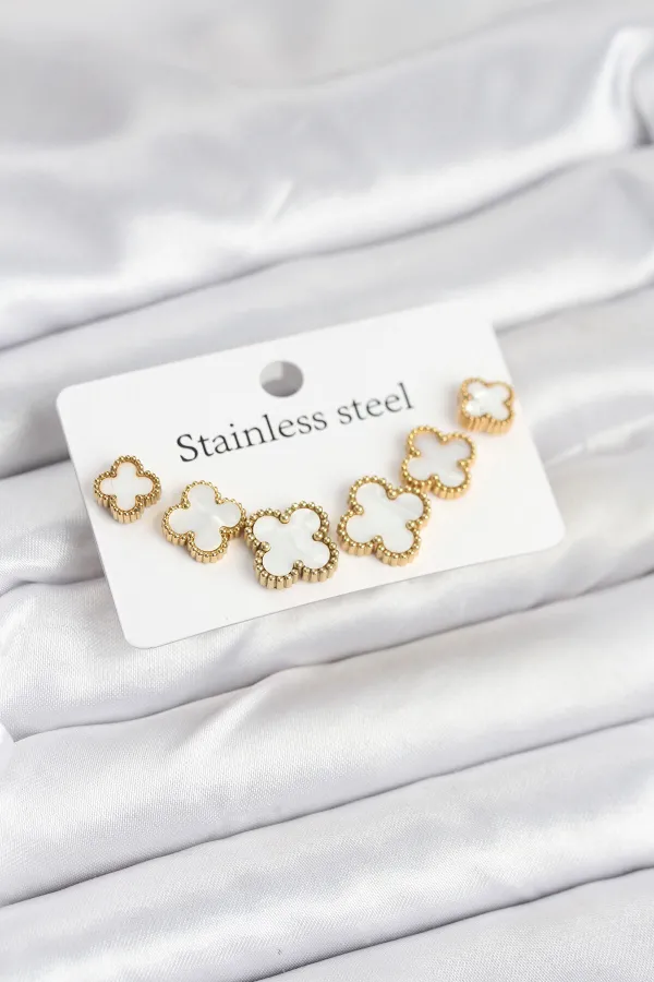 316L Çelik Gold Beyaz Renk 3 Boy Yonca Küpe Seti