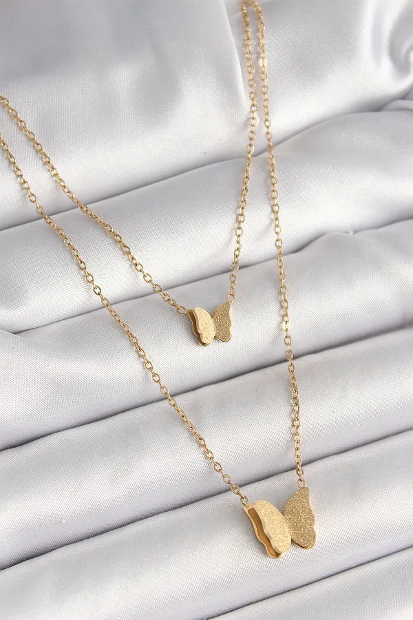 316L Çelik Gold Renk 2'Li Simli Kelebek Model Kadın Kolye