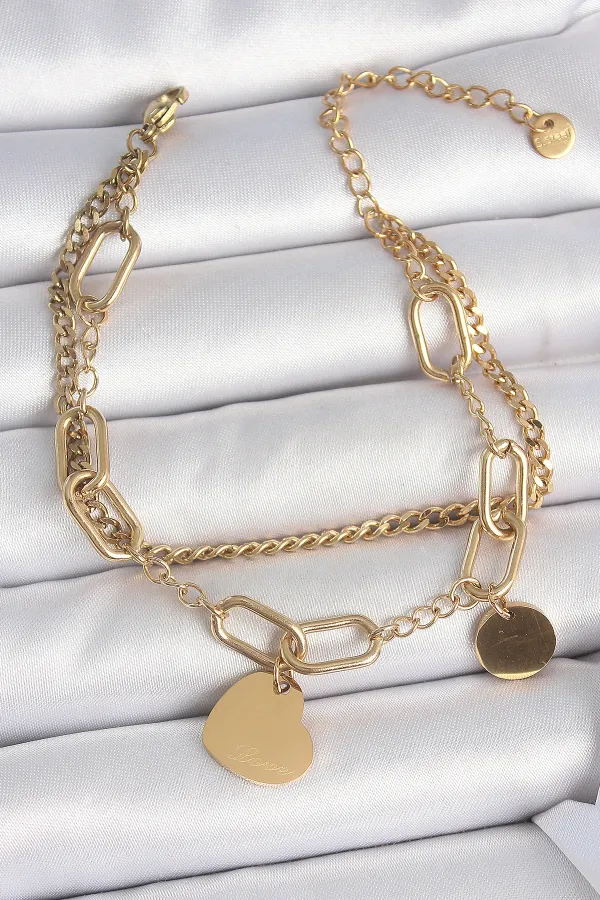316L Çelik Gold Renk 2'Li Zincir Model Sallantı Kalp Figür Kadın Bileklik