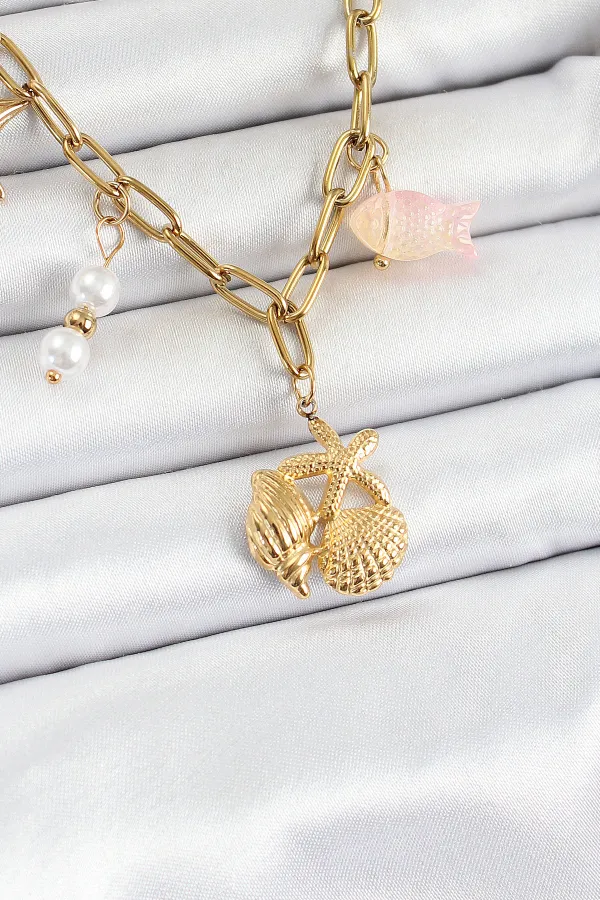 316L Çelik Gold Renk Deniz Yıldızı ve Deniz Kabuğu Konsept Kadın Kolye