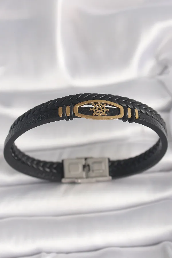 316L Çelik Gold Renk Gemi Dümen Figür Siyah Renk Çift Sıra Burgu Desenli Deri Kordon Erkek Bileklik