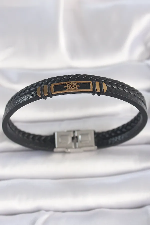 316L Çelik Gold Renk Gemi Dümeni Aksesuarlı Çift Sıra Burgu Desenli Deri Kordon Erkek Bileklik