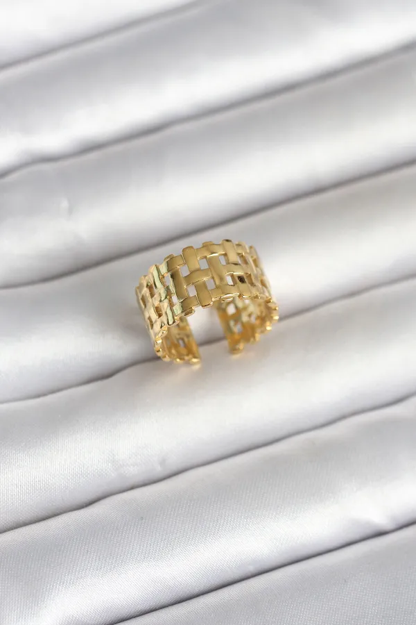 316L Çelik Gold Renk Hasır Model Kadın Yüzük