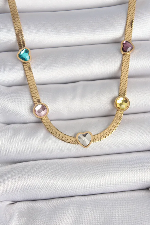 316L Çelik Gold Renk İtalyan Zincir Renkli Zirkon Taşlı Kalp Figür Kadın Kolye