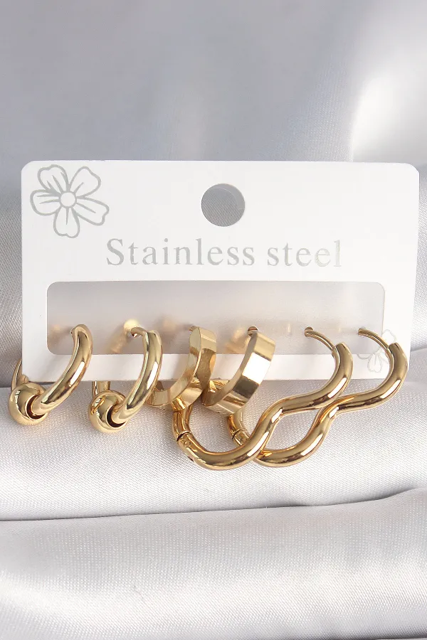 316L Çelik Gold Renk Kalp Halka Model Kadın Küpe Seti