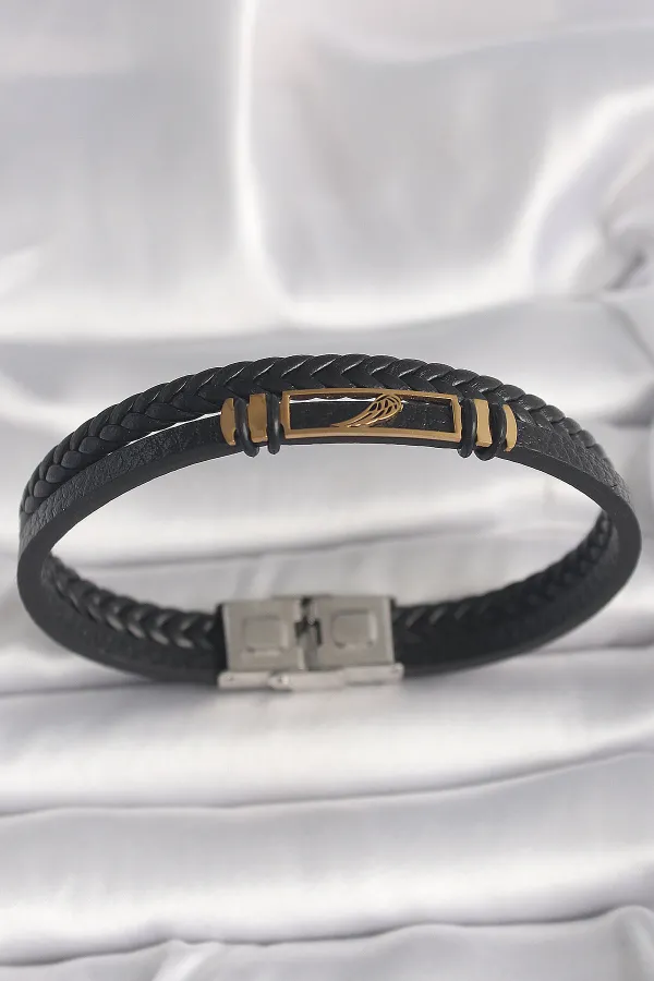 316L Çelik Gold Renk Kanat Aksesuarlı Siyah Burgu Model Deri Kordon Erkek Bileklik