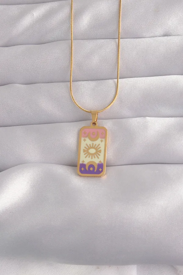 316L Çelik Gold Renk Karışık Mineli Ay Figür Tarot Kolye