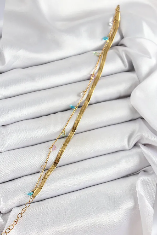 316L Çelik Gold Renk Karışık Renkli Kristal Taşlı 2'li Kadın Bileklik