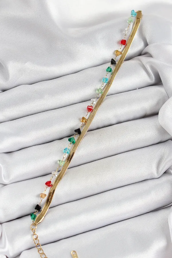 316L Çelik Gold Renk Kristal Karışık Renkli Taşlı 2'li Kadın Bileklik