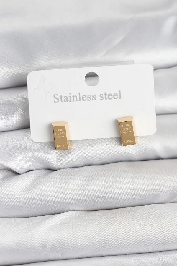 316L Çelik Gold Renk Külçe Altın Model Kadın Küpe