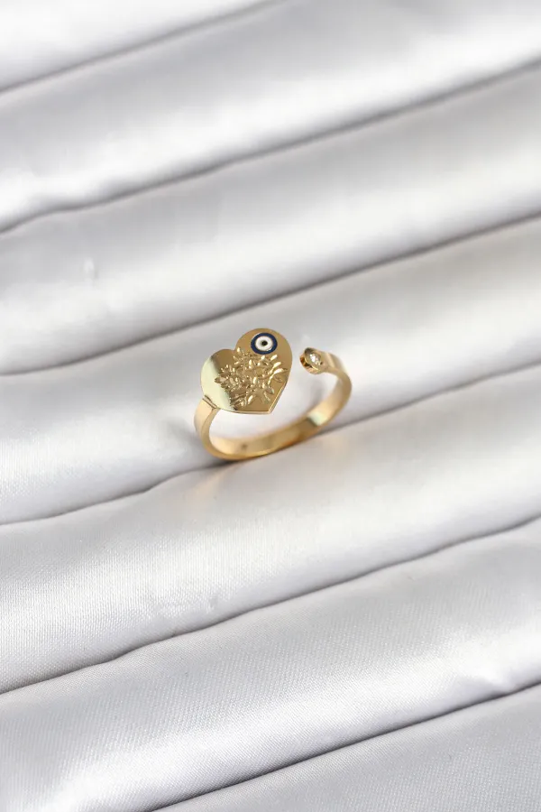 316L Çelik Gold Renk Nazar Detaylı Kalp Model Kadın Yüzük