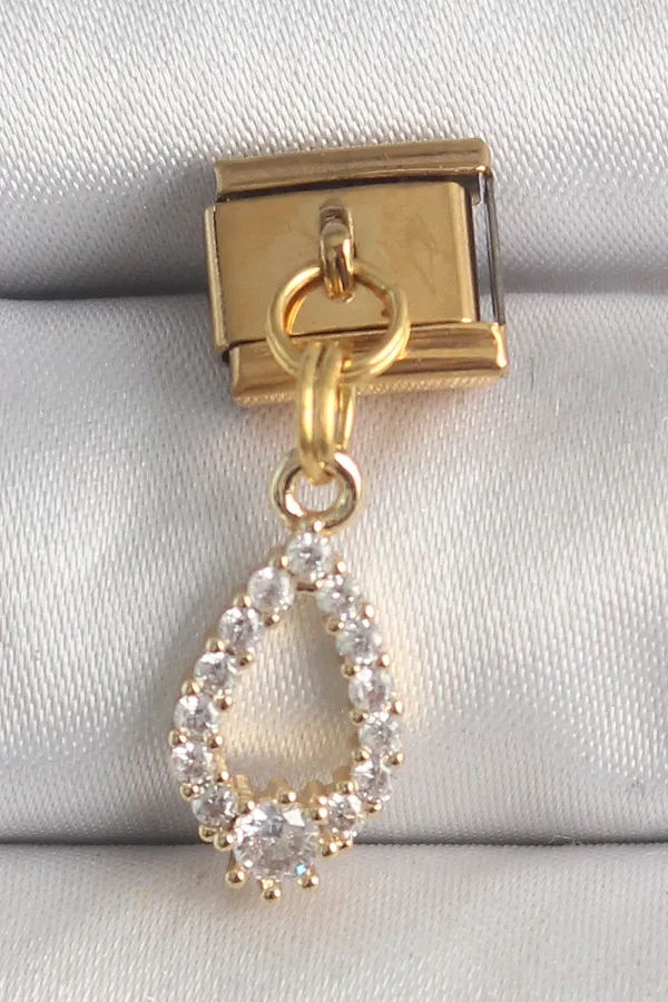 316L Çelik Gold Renk Sallantı Zirkon Taşlı Damla Model Nomination Charm