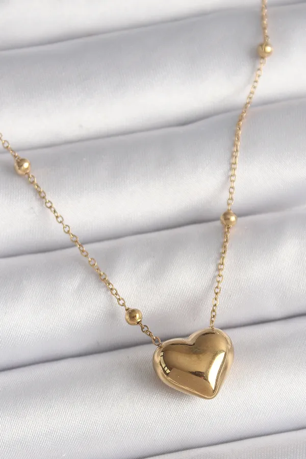 316L Çelik Gold Renk Topçuk Detaylı Zincir Kalp Model Kadın Kolye