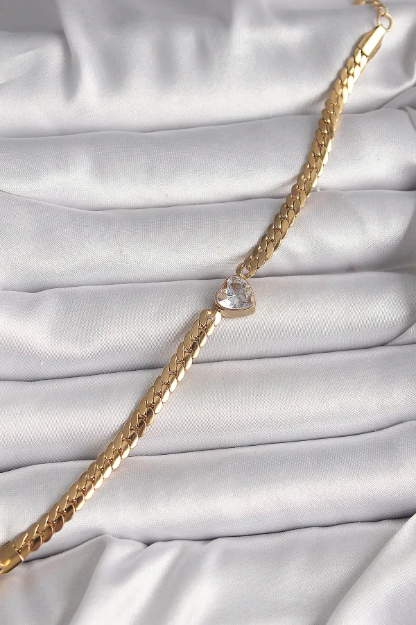 316L Çelik Gold Renk Yassı Zincir Model Zirkon Taşlı Kalp Figür Kadın Bileklik