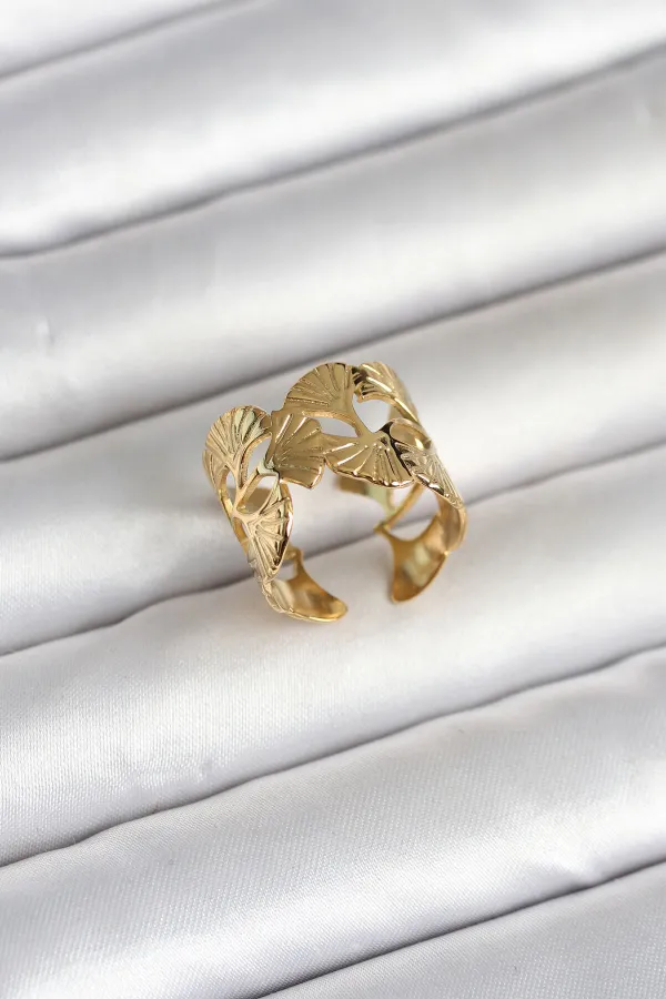 316L Çelik Gold Renk Yelpaze Model Kadın Yüzük