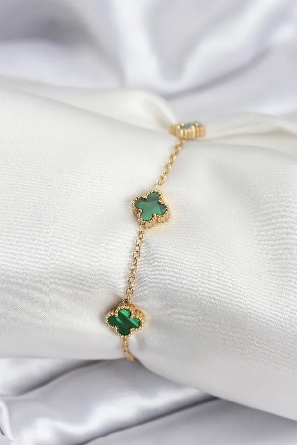 316L Çelik Gold Renk Yeşil Baby Boy Yonca Kadın Bileklik