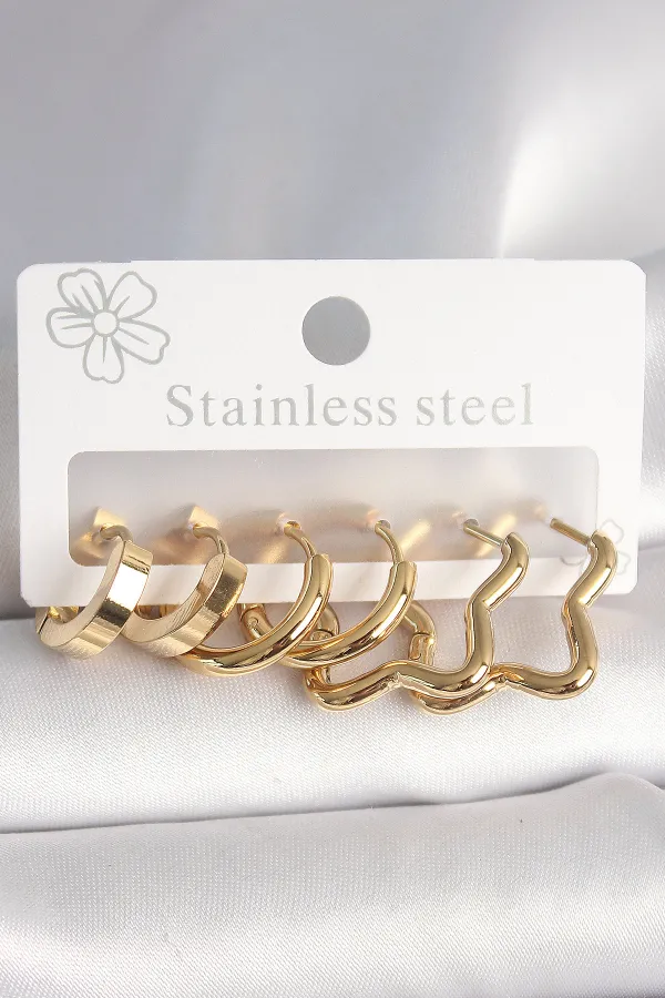 316L Çelik Gold Renk Yıldız Halka Model Kadın Küpe Seti