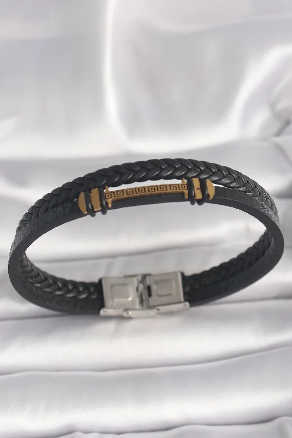 316L Çelik Gold Renk ZikZak İşlemeli Aksesuarlı Çift Sıra Burgu Desenli Deri Kordon Erkek Bileklik