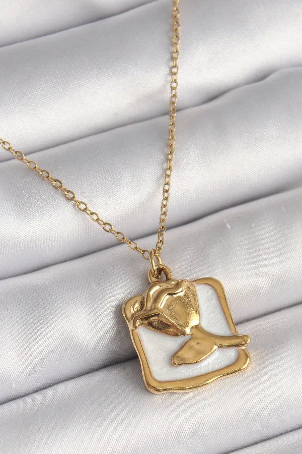 316L Çelik Gold Renk Zincir Beyaz Mineli Gül Portre Model Kadın Kolye