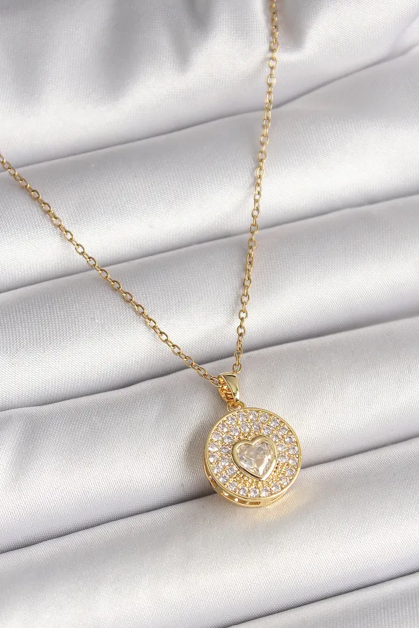316L Çelik Gold Renk Zincir Madalyon Zirkon Taşlı Kalp Model Kadın Kolye
