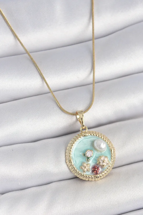 316L Çelik Gold Renk Zincir Mavi Mineli İnci Çiçek İşlemeli Zirkon Taş Detaylı Madalyon Model Kadın