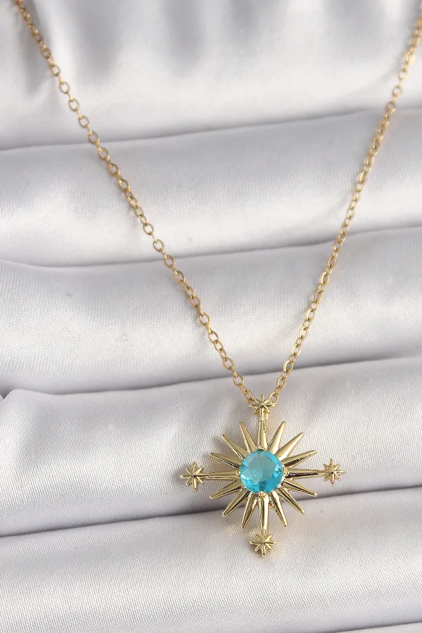 316L Çelik Gold Renk Zincir Mavi Taş Detaylı Kuzey Yıldız Model Kadın Kolye